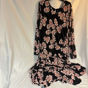 Ulla Popken women’s black floral, print midi or Maxi tiered dress size 28W